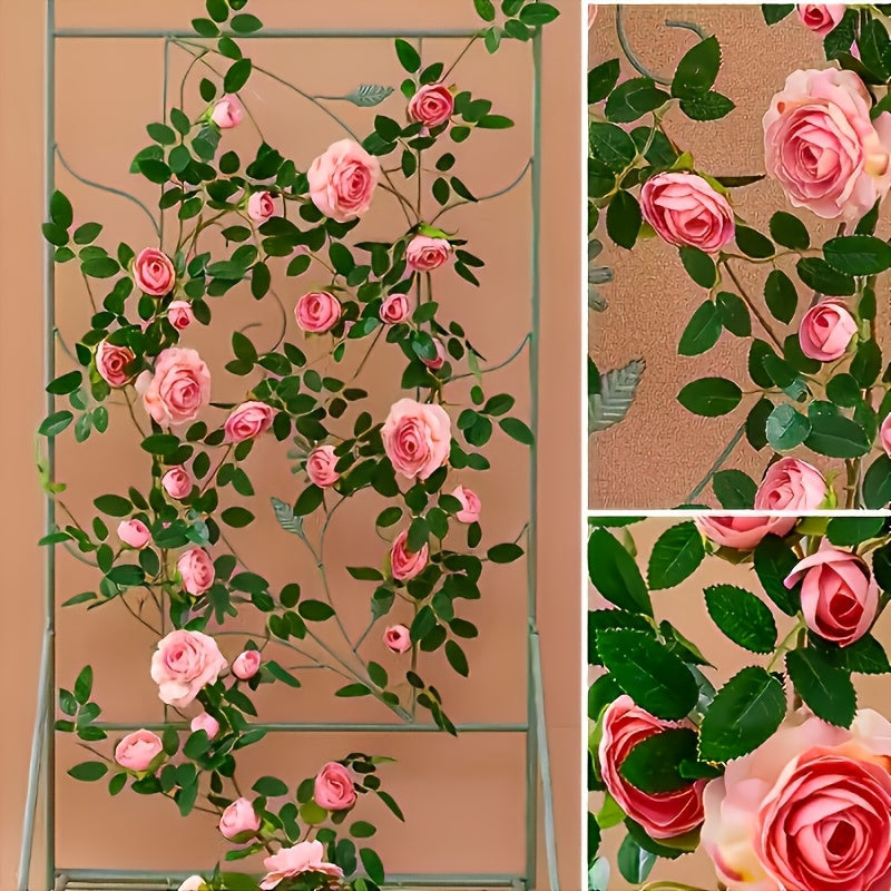 3pcs Outdoor Artificial Mini Tea Rose Fake Flower Vine, Air Conditioner Pipe Cover Decorative Vine, Wall Wire Concealer Wall-Mounted Green Plant Flower Wall Landscape Plastic Plant, Suitable for Christmas, Thanksgiving, Valentine's Day