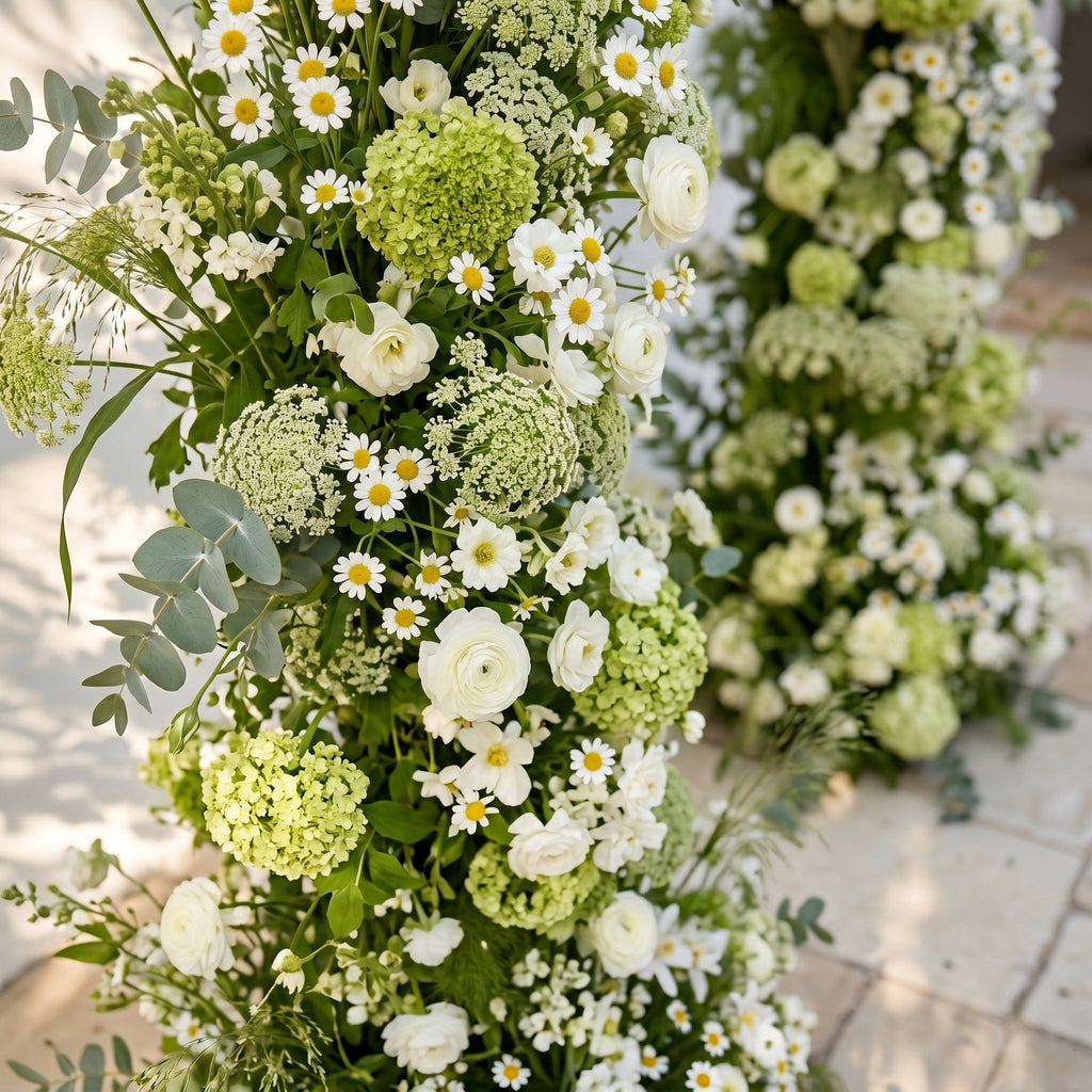 Raeldelle: Luxury White Silk Floral Arch Arrangement with Cascading Greenery for Romantic Weddings & Garden Event Decor Incuding Frame | Signature Floral Decor