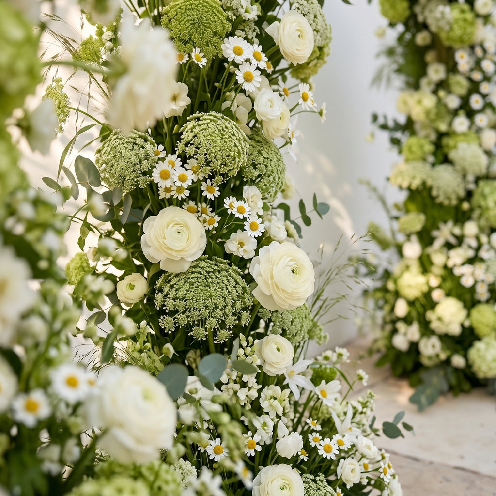 Raeldelle: Luxury White Silk Floral Arch Arrangement with Cascading Greenery for Romantic Weddings & Garden Event Decor Incuding Frame | Signature Floral Decor