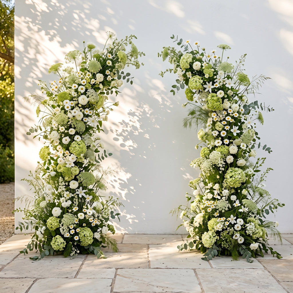 Raeldelle: Luxury White Silk Floral Arch Arrangement with Cascading Greenery for Romantic Weddings & Garden Event Decor Incuding Frame | Signature Floral Decor
