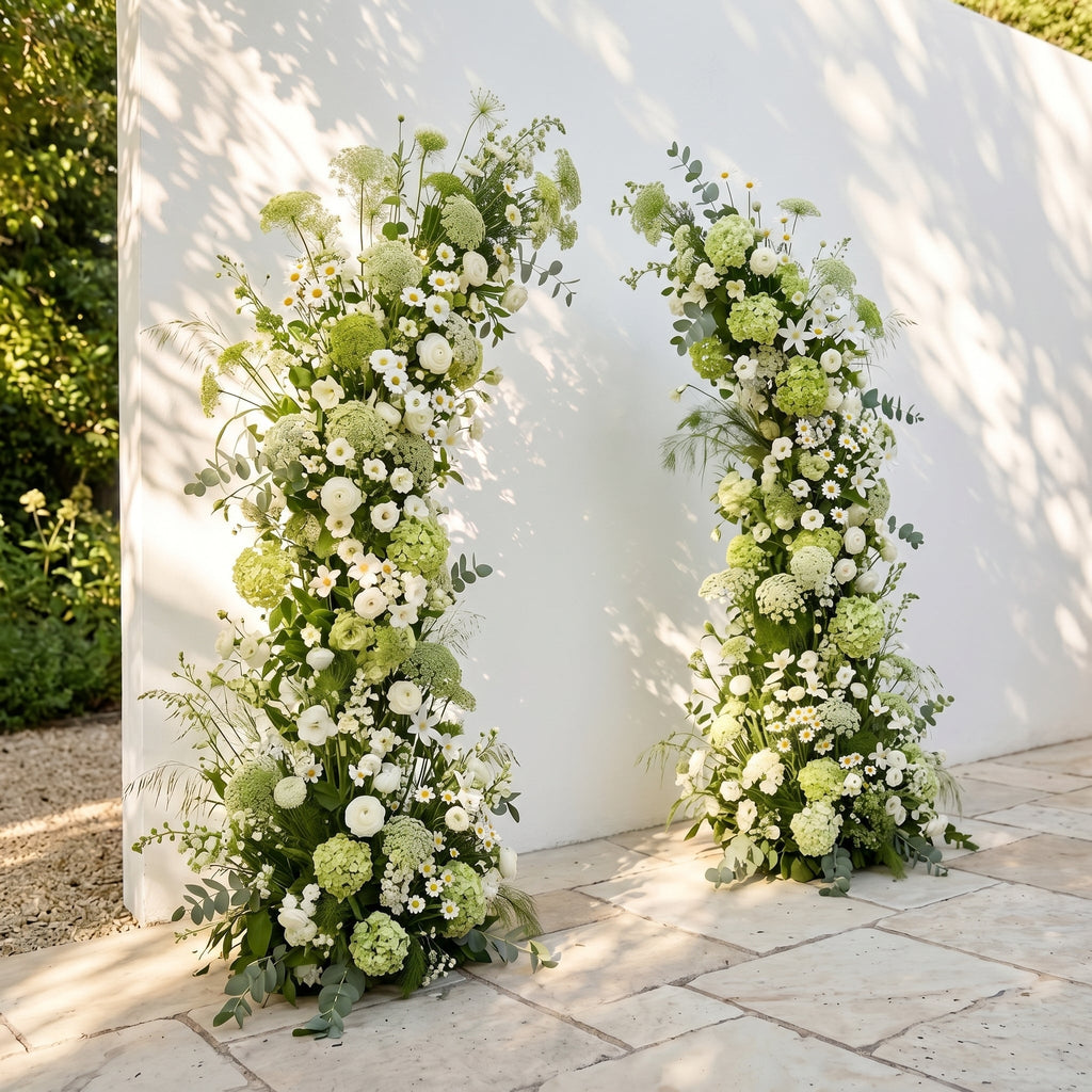 Raeldelle: Luxury White Silk Floral Arch Arrangement with Cascading Greenery for Romantic Weddings & Garden Event Decor Incuding Frame | Signature Floral Decor