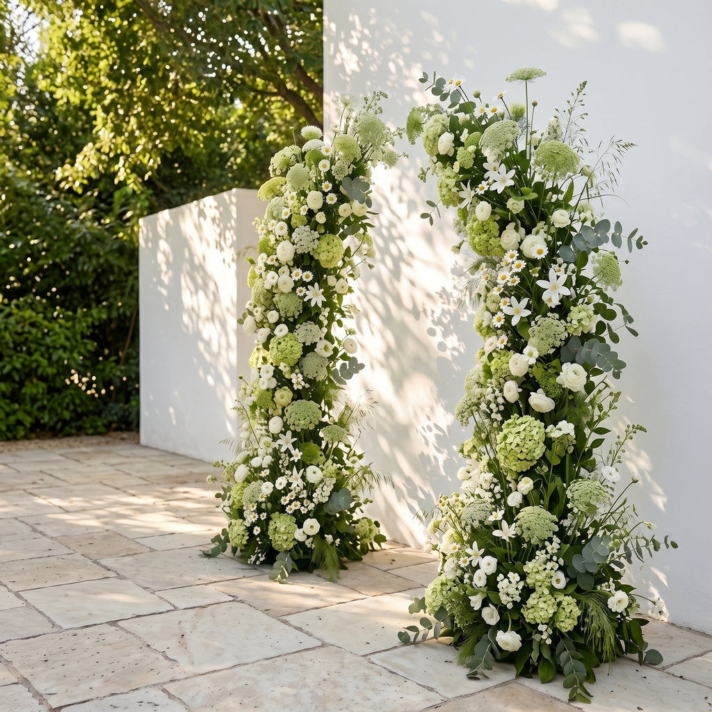Raeldelle: Luxury White Silk Floral Arch Arrangement with Cascading Greenery for Romantic Weddings & Garden Event Decor Incuding Frame | Signature Floral Decor