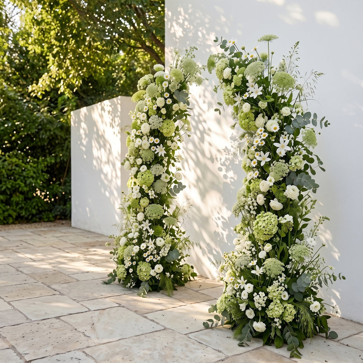 Raeldelle: Luxury White Silk Floral Arch Arrangement with Cascading Greenery for Romantic Weddings & Garden Event Decor Incuding Frame | Signature Floral Decor