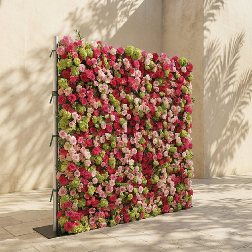 Auryne: Luxury 5D Hot Pink & Green Silk Floral Wall Roll-Up Fabric Backdrop for Vibrant Summer Parties & Events Free Shipping