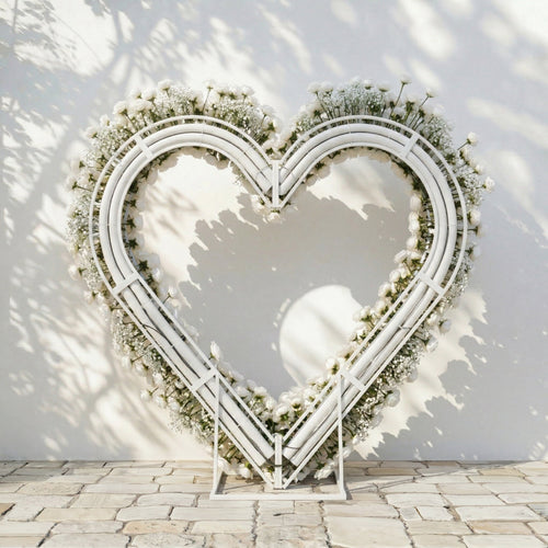 Bloomira: Heart-Shaped All-White Silk Rose and Baby's Breath Floral Arch Arrangement for Wedding Ceremonies | Event Floral Decor