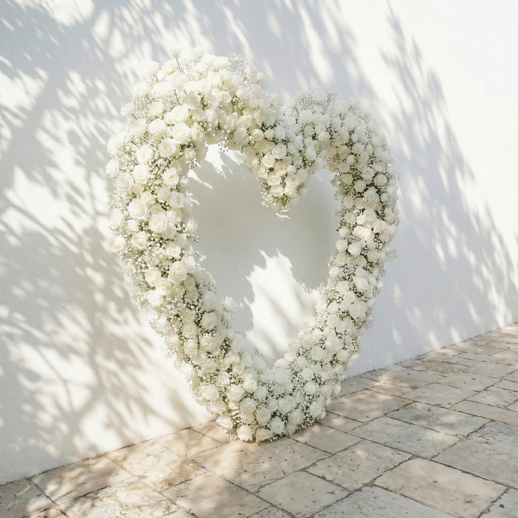 Bloomira: Heart-Shaped All-White Silk Rose and Baby's Breath Floral Arch Arrangement for Wedding Ceremonies | Event Floral Decor
