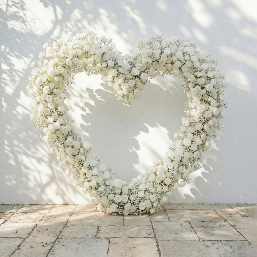 Bloomira: Heart-Shaped All-White Silk Rose and Baby's Breath Floral Arch Arrangement for Wedding Ceremonies | Event Floral Decor