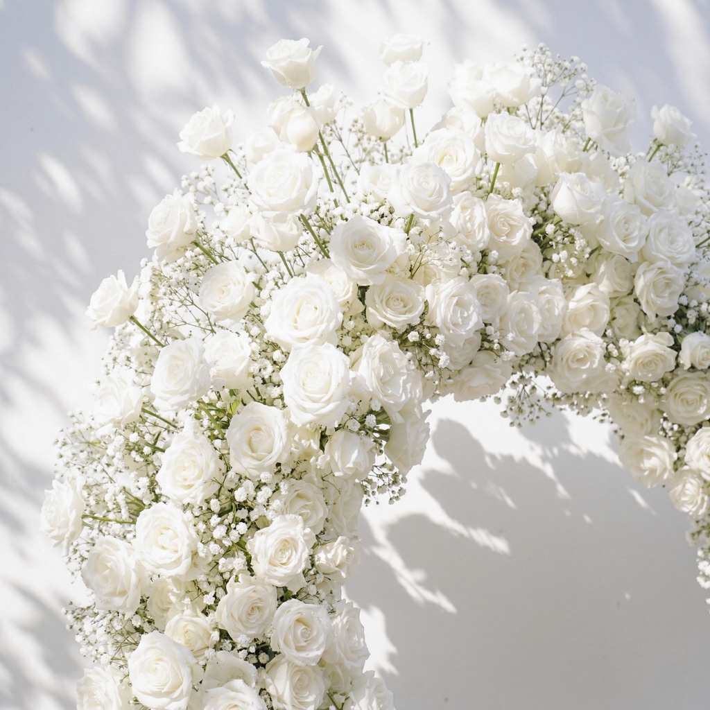 Bloomira: Heart-Shaped All-White Silk Rose and Baby's Breath Floral Arch Arrangement for Wedding Ceremonies | Event Floral Decor