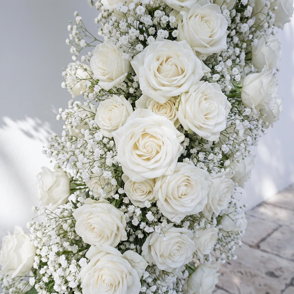 Bloomira: Heart-Shaped All-White Silk Rose and Baby's Breath Floral Arch Arrangement for Wedding Ceremonies | Event Floral Decor