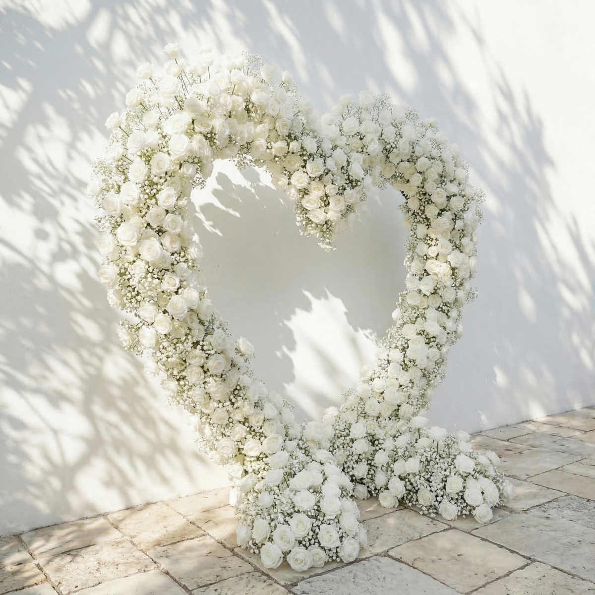 Bloomira: Heart-Shaped All-White Silk Rose and Baby's Breath Floral Arch Arrangement for Wedding Ceremonies | Event Floral Decor