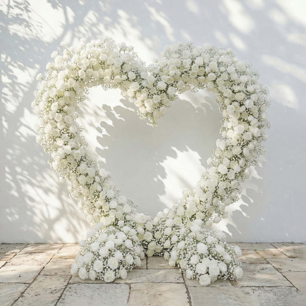 Bloomira: Heart-Shaped All-White Silk Rose and Baby's Breath Floral Arch Arrangement for Wedding Ceremonies | Event Floral Decor