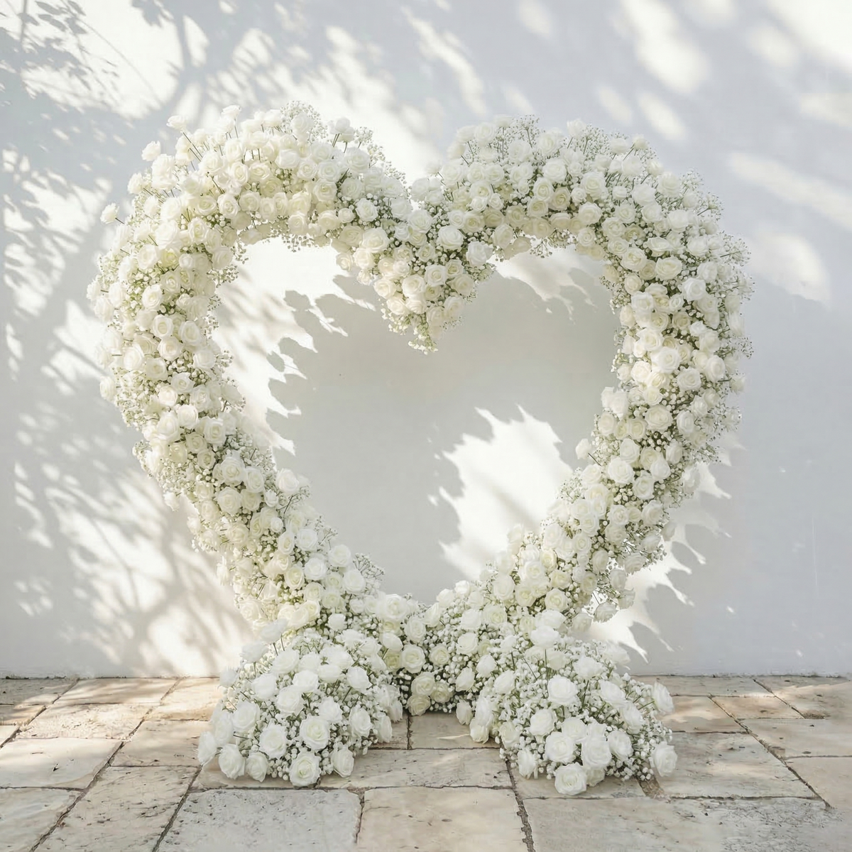 Bloomira: Heart-Shaped All-White Silk Rose and Baby's Breath Floral Arch Arrangement for Wedding Ceremonies | Event Floral Decor
