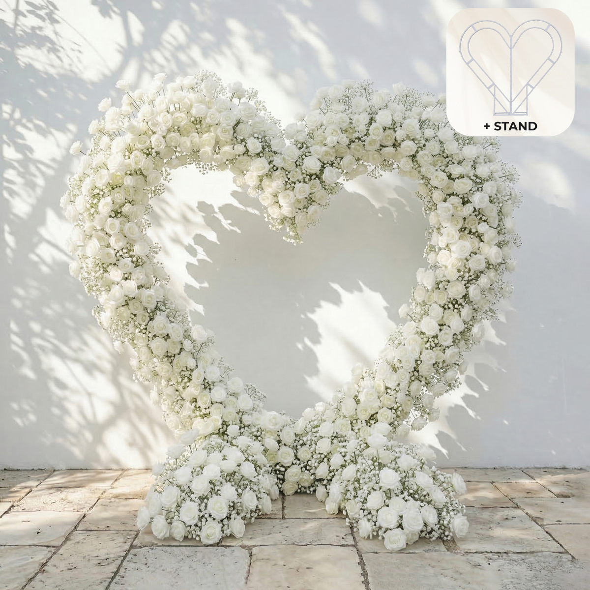 Bloomira: Heart-Shaped All-White Silk Rose and Baby's Breath Floral Arch Arrangement for Wedding Ceremonies | Event Floral Decor