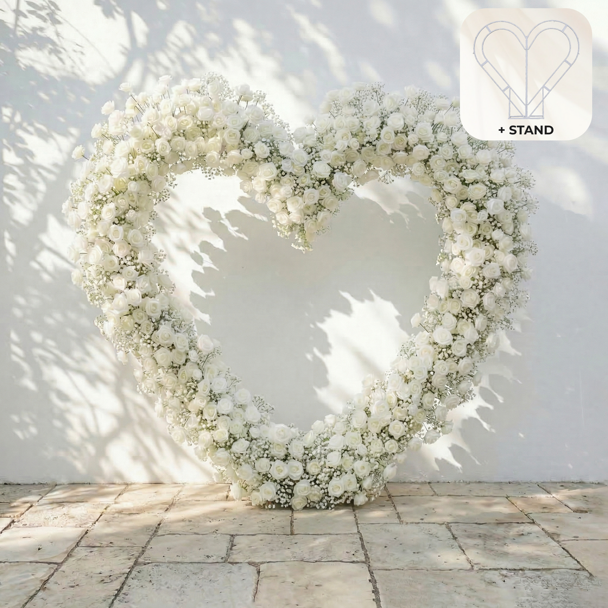 Bloomira: Heart-Shaped All-White Silk Rose and Baby's Breath Floral Arch Arrangement for Wedding Ceremonies | Event Floral Decor