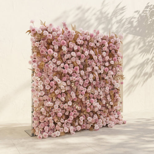 Caelina:Opulent 5D All-Pink Floral Wall with Gold Fern Accents Roll-Up Backdrop for Whimsical Bridal Events | Wedding & Celebration Collection | Free Shipping