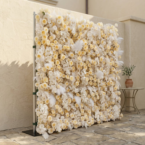 Caelsira: Luxury 5D Champagne & Cream Silk Rose Flower Wall Roll-Up Fabric Backdrop for Grand Estate Weddings | Wedding & Celebration Collection | Free Shipping
