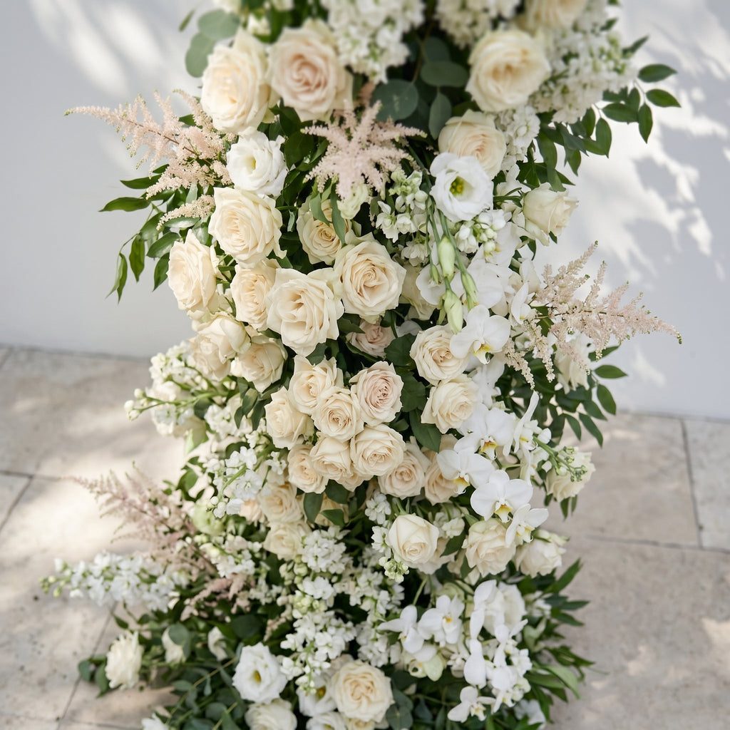 Calnora: Luxury Ivory White, Cream & Fresh Green Silk Floral Ground Horn Arch Arrangement with Flowing Cascading Astilbe Greenery for Romantic Minimalist Weddings & Garden Event Decor Frame Included