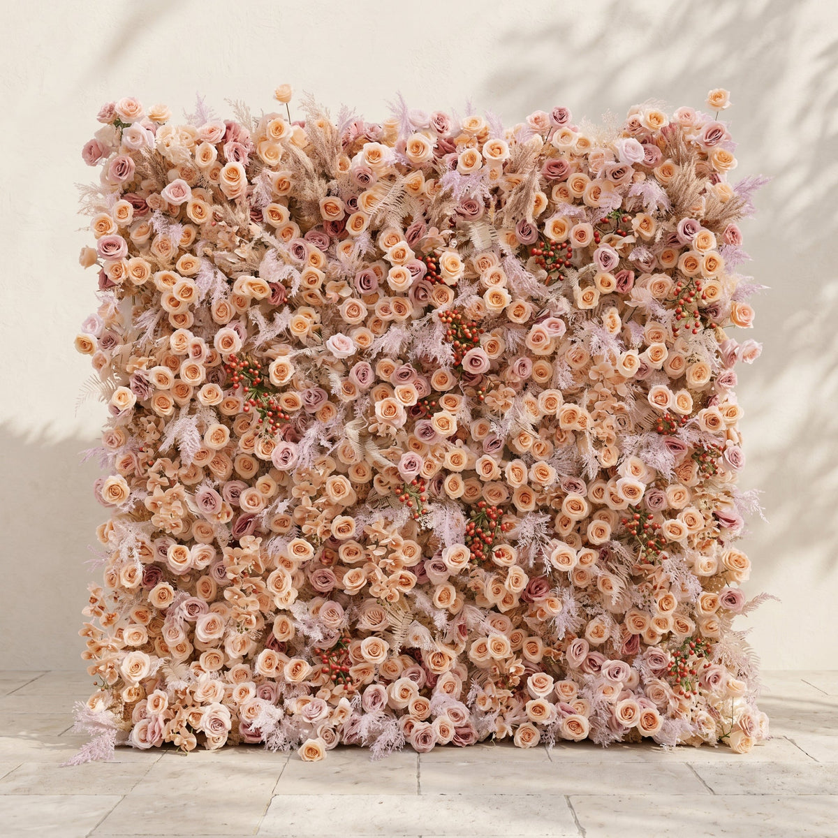 Valsira: Luxury 5D Champagne & Peach Silk Rose Flower Wall with Autumn Berries for Romantic Manor Weddings Free Shipping