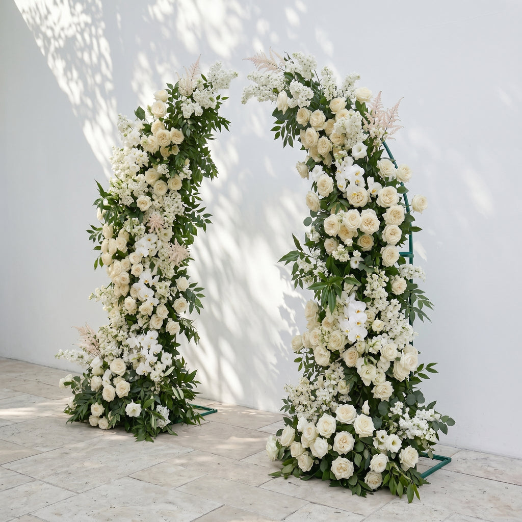 Calnora: Luxury Ivory White, Cream & Fresh Green Silk Floral Ground Horn Arch Arrangement with Flowing Cascading Astilbe Greenery for Romantic Minimalist Weddings & Garden Event Decor Frame Included