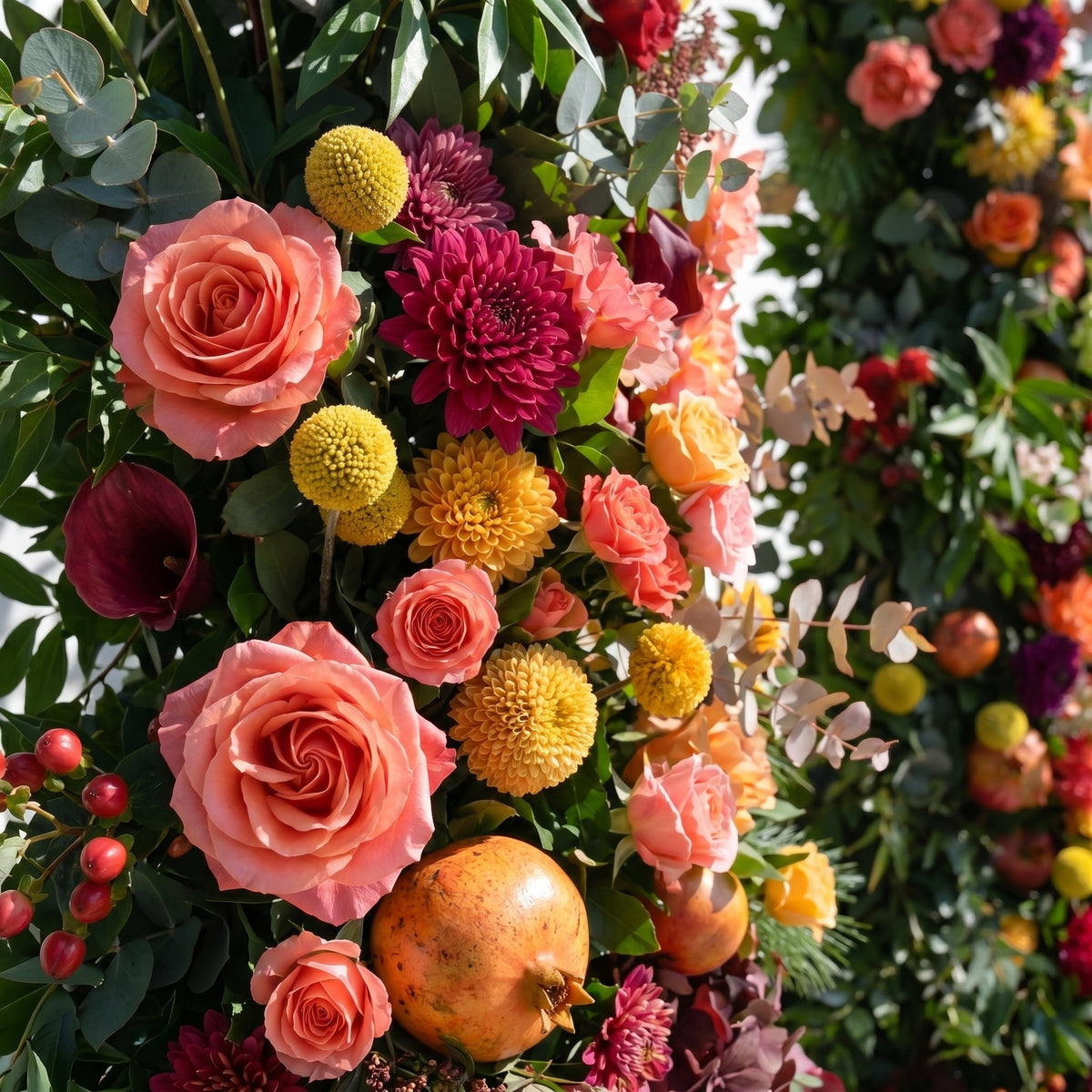 Calora Horn Arch: Autumn Style Luxury Orange & Yellow Floral Arch for Elegant Garden Weddings & Natural-Inspired Event Decor Incuding Frame