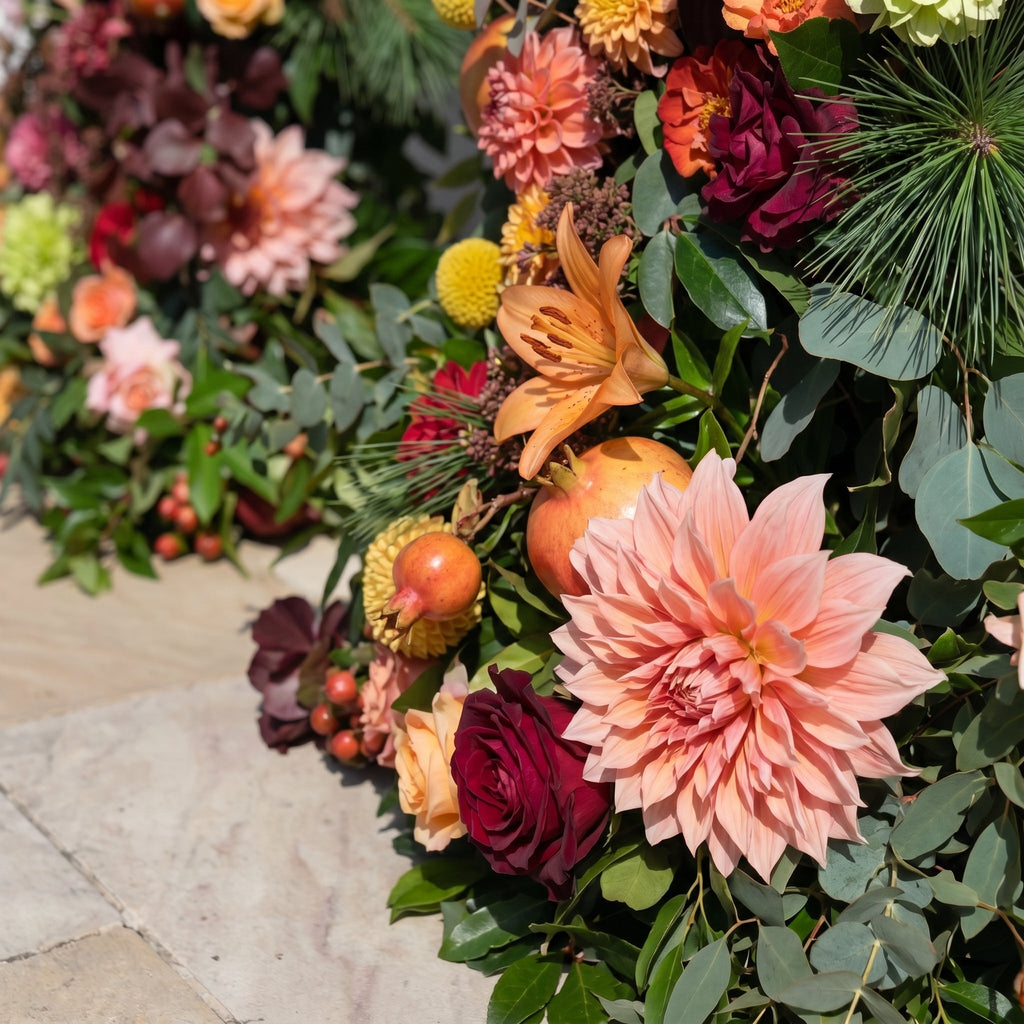Calora Horn Arch: Autumn Style Luxury Orange & Yellow Floral Arch for Elegant Garden Weddings & Natural-Inspired Event Decor Incuding Frame