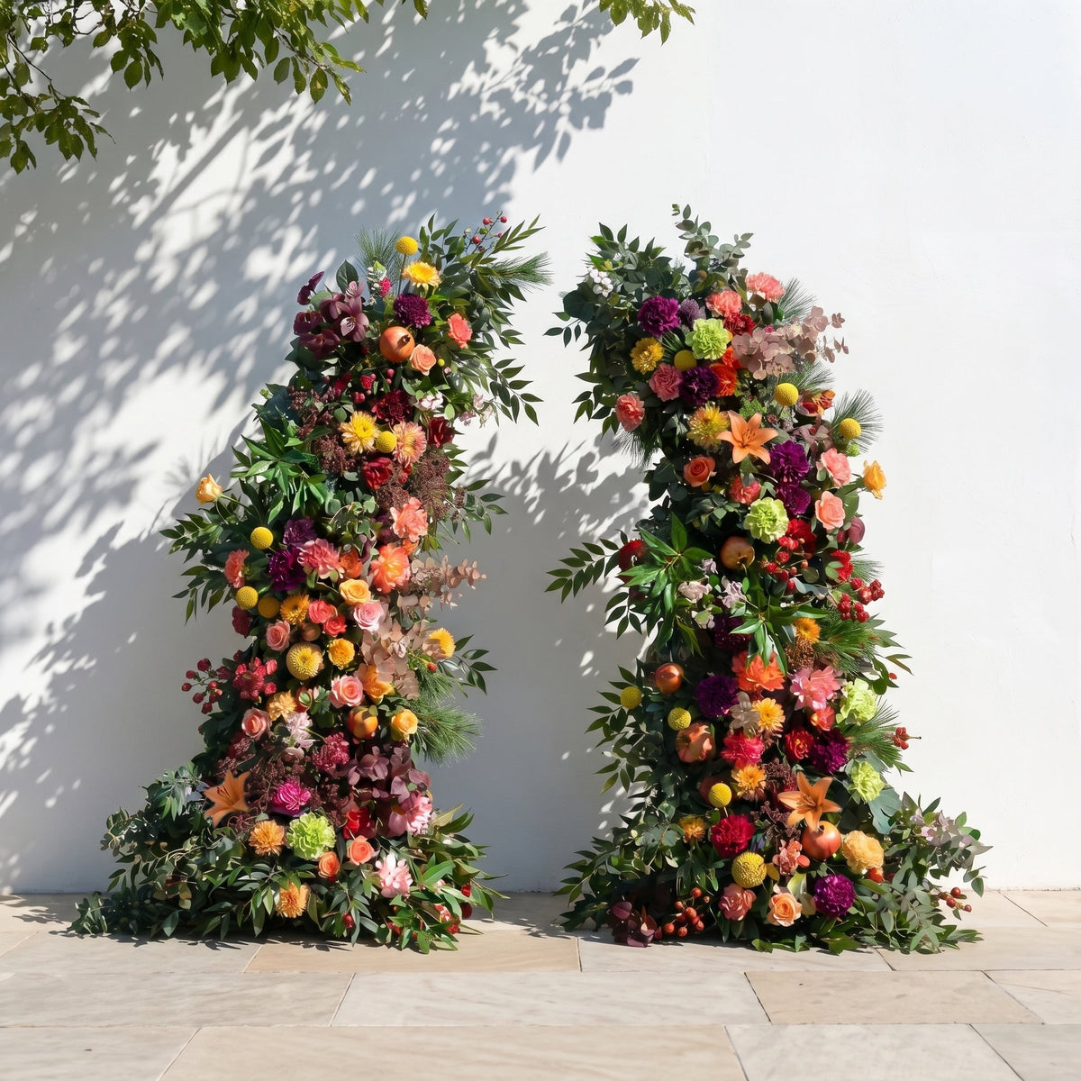 Calora Horn Arch: Autumn Style Luxury Orange & Yellow Floral Arch for Elegant Garden Weddings & Natural-Inspired Event Decor Incuding Frame