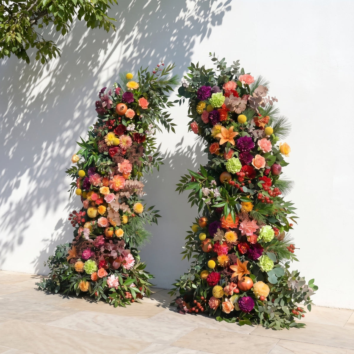 Calora Horn Arch: Autumn Style Luxury Orange & Yellow Floral Arch for Elegant Garden Weddings & Natural-Inspired Event Decor Incuding Frame