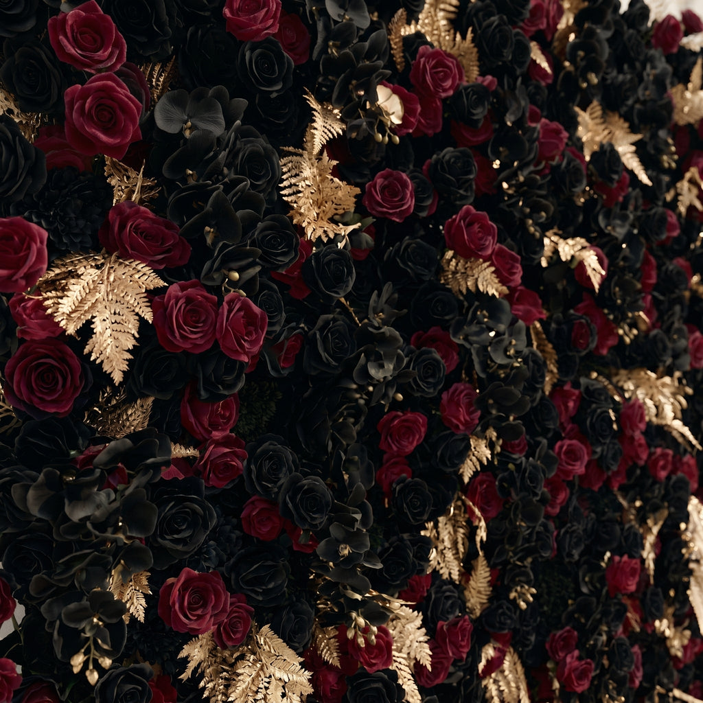 Camilavia: Luxury 5D Black, Burgundy & Gold Silk Floral Wall Roll-Up Backdrop for Opulent Gothic Weddings Free Shipping