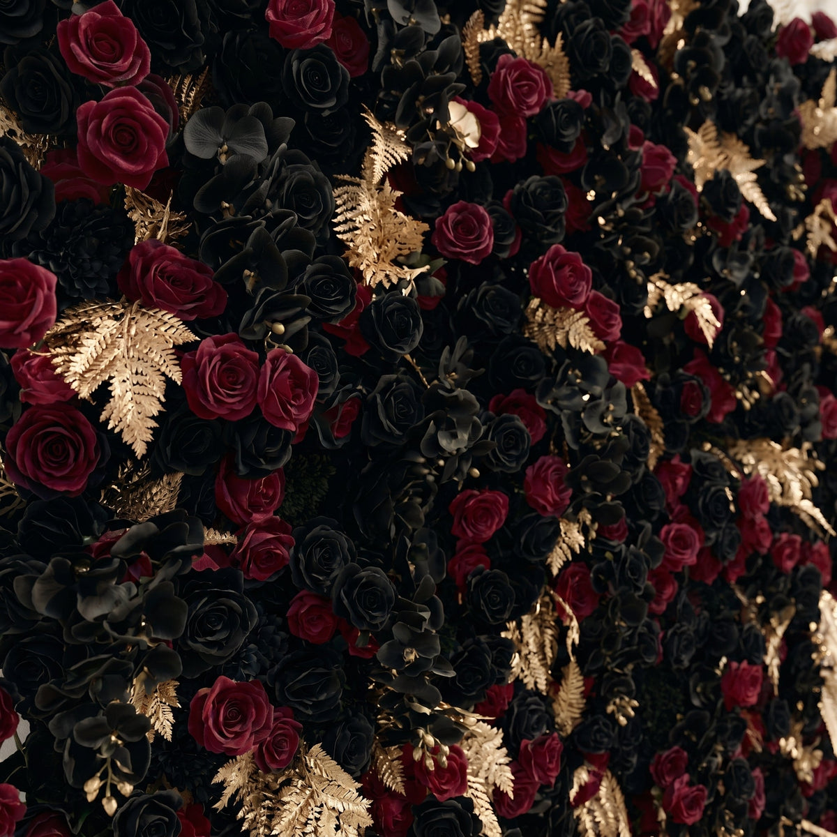 Camilavia: Luxury 5D Black, Burgundy & Gold Silk Floral Wall Roll-Up Backdrop for Opulent Gothic Weddings Free Shipping