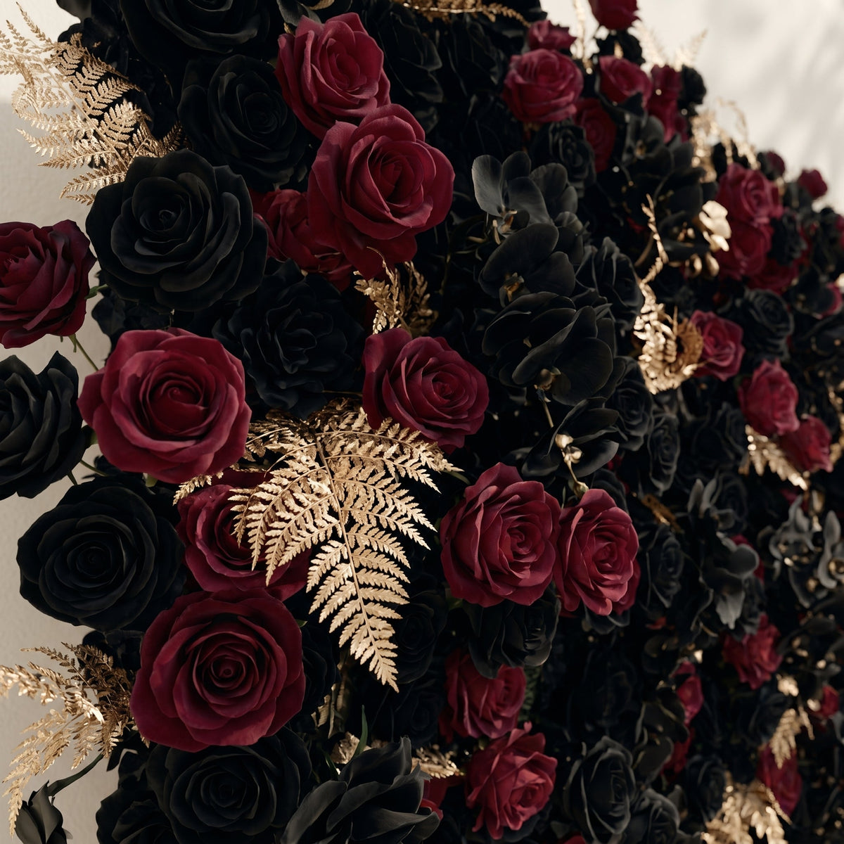Camilavia: Luxury 5D Black, Burgundy & Gold Silk Floral Wall Roll-Up Backdrop for Opulent Gothic Weddings Free Shipping