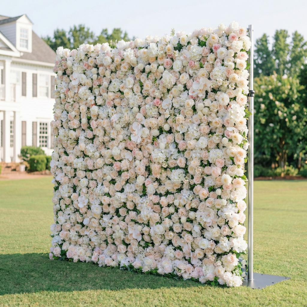Casey: Premium 5D Soft Blush & White Silk Floral Wall Roll-Up Fabric Backdrop for Dreamy Garden Ceremonies & Elegant Wedding Free Shipping
