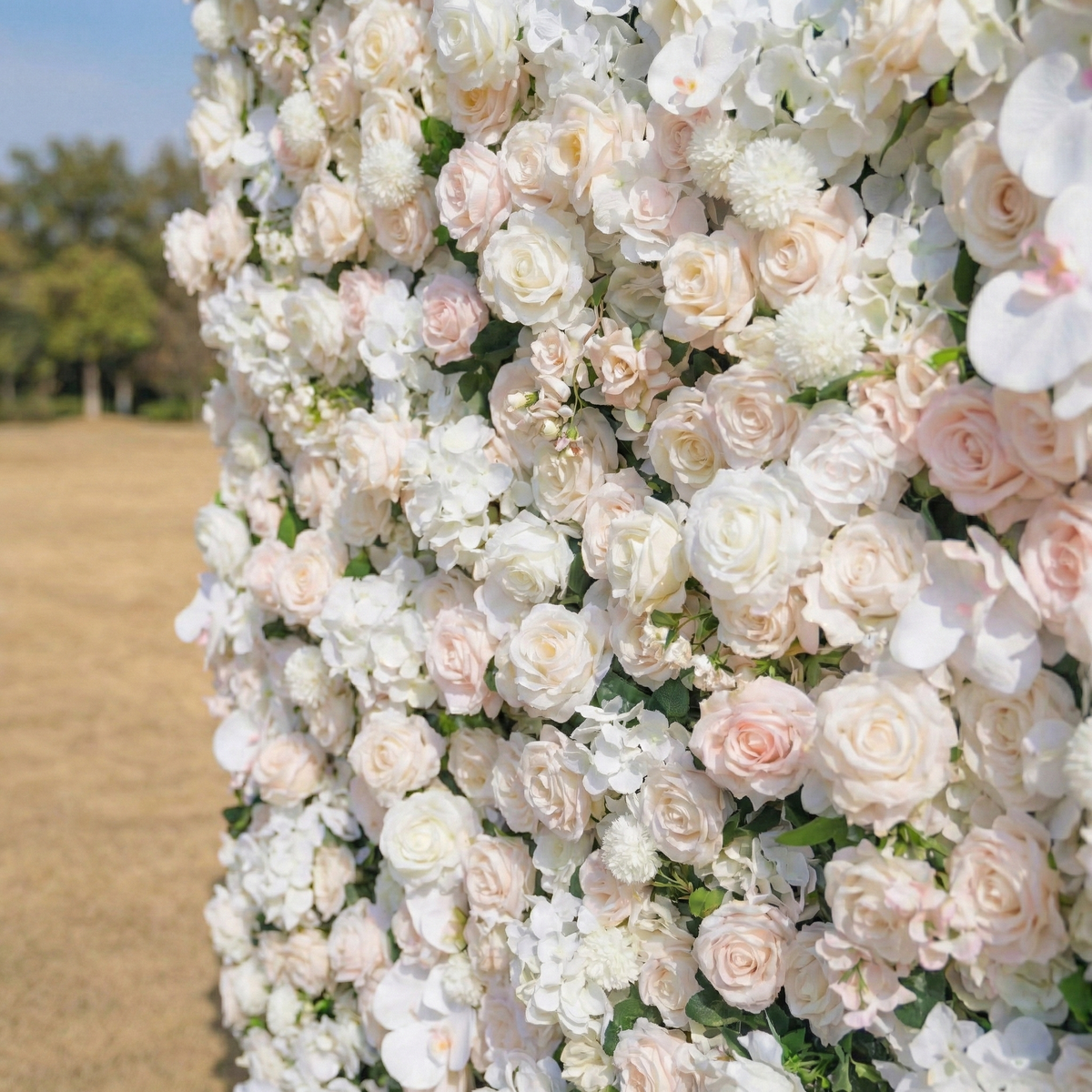Casey: Premium 5D Soft Blush & White Silk Floral Wall Roll-Up Fabric Backdrop for Dreamy Garden Ceremonies & Elegant Wedding Free Shipping