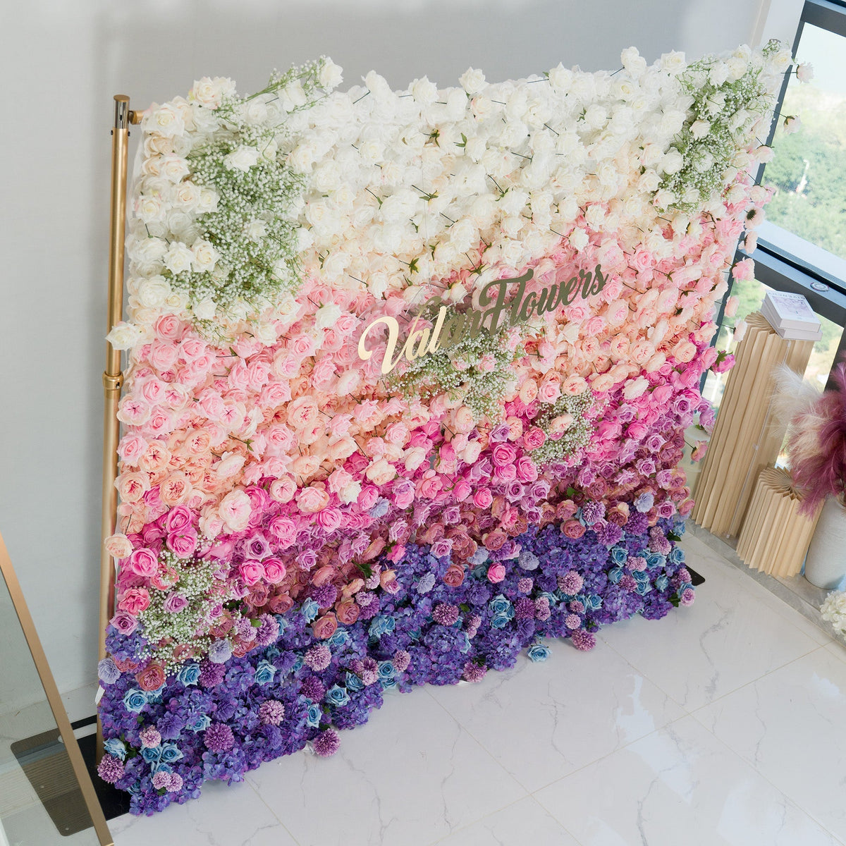 ValarFlowers Green White Pink Artificial Flower Wall Backdrop for Wedding & Event Decor VF-340 | Wedding & Celebration Collection