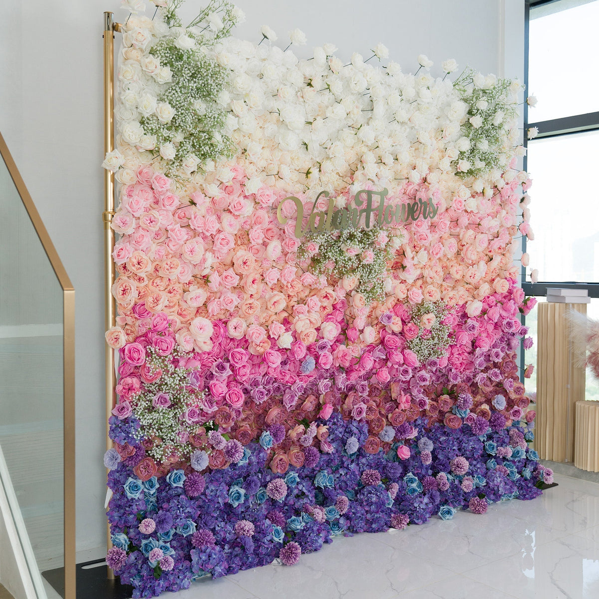 ValarFlowers Green White Pink Artificial Flower Wall Backdrop for Wedding & Event Decor VF-340 | Wedding & Celebration Collection