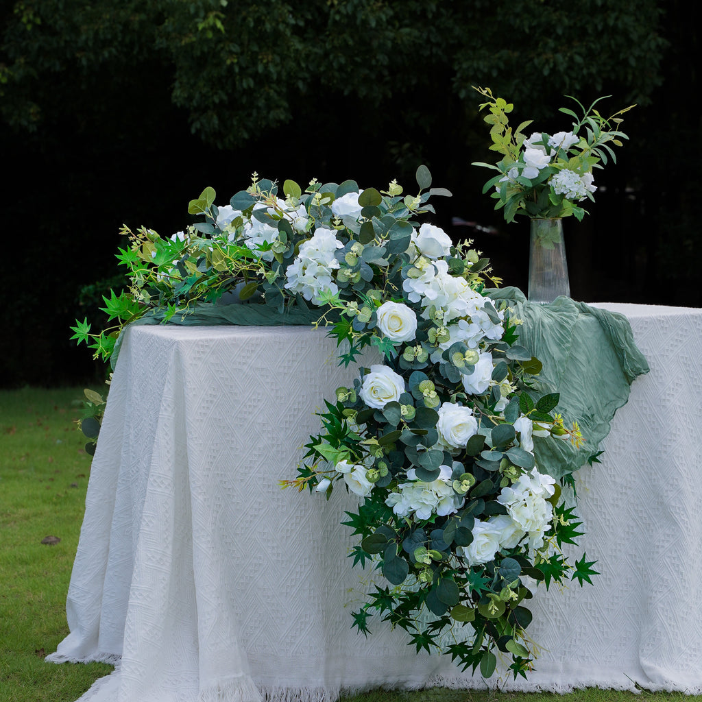 Odelia: White Green Rose Calla Lily Wedding Background Arch (Flowers Only - Frame Not Included) + Clam Long strip flower Runner | Ceremony & Event Decor