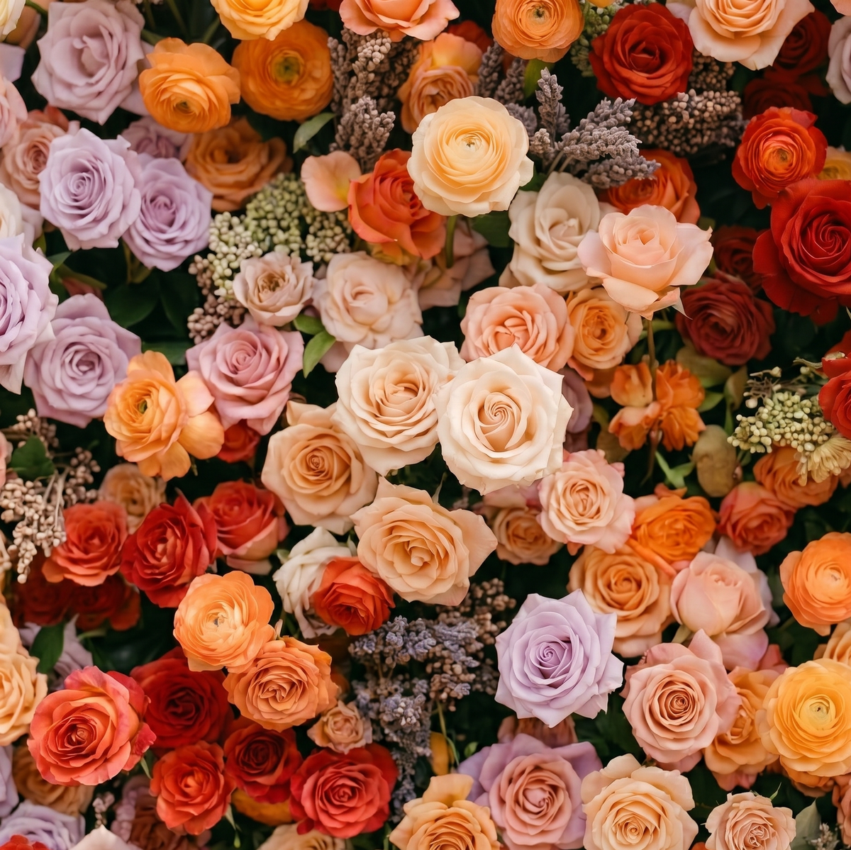 Daelyne: Luxury 5D Sunset Orange & Lavender Silk Floral Wall Roll-Up Fabric Backdrop for Warm Summer Weddings Free Shipping