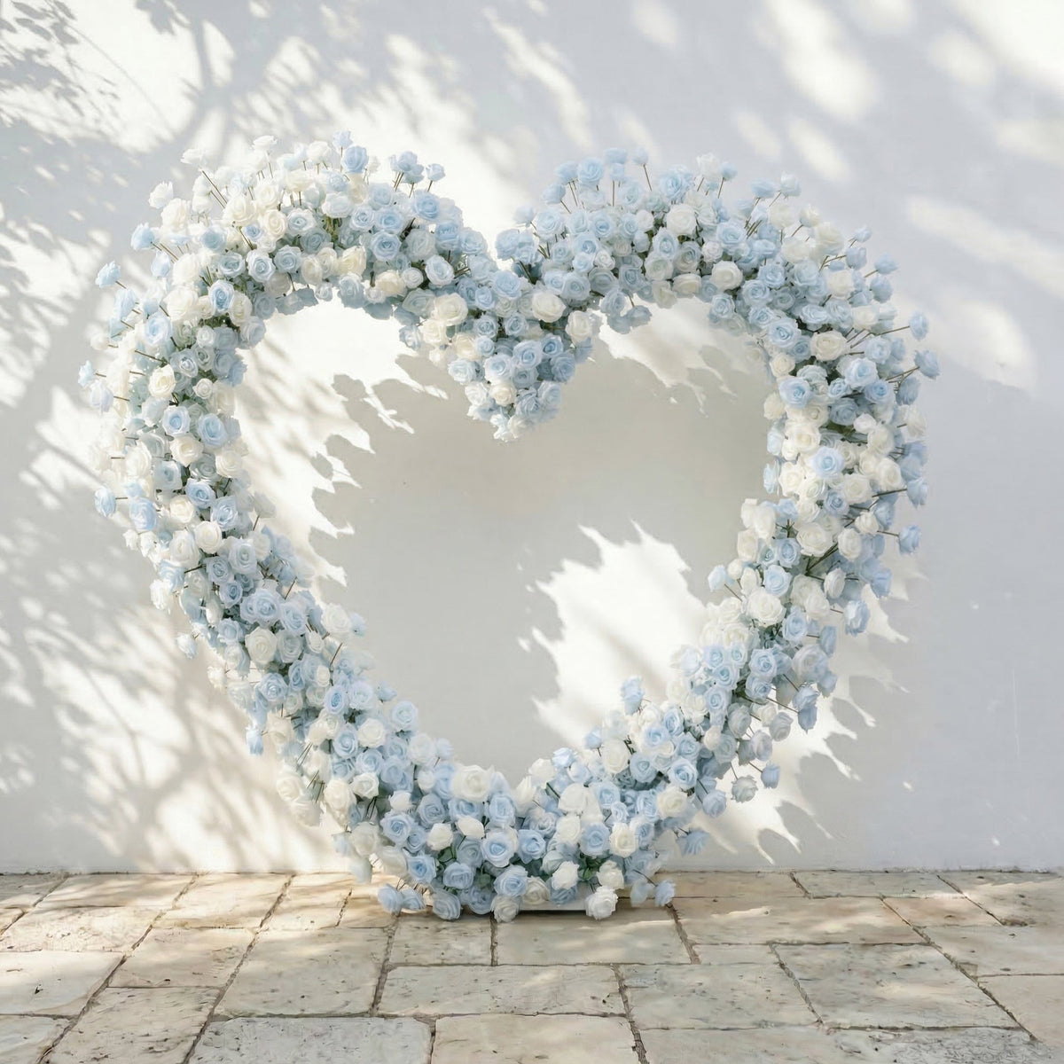 Elaris: Heart-Shaped Baby Blue and White Silk Rose Floral Arch Arrangement for Coastal Weddings & Parties | Wedding Floral Decor