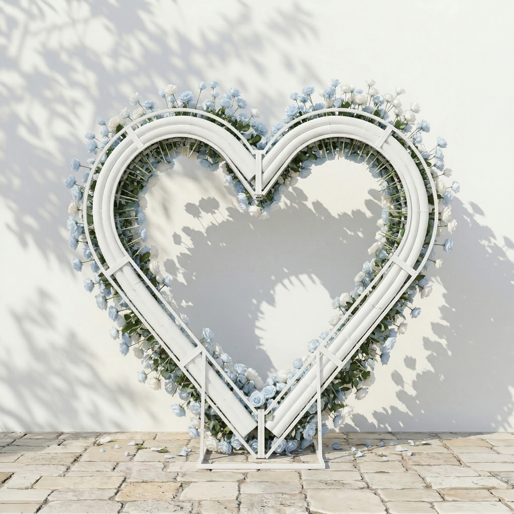 Elaris: Heart-Shaped Baby Blue and White Silk Rose Floral Arch Arrangement for Coastal Weddings & Parties | Wedding Floral Decor