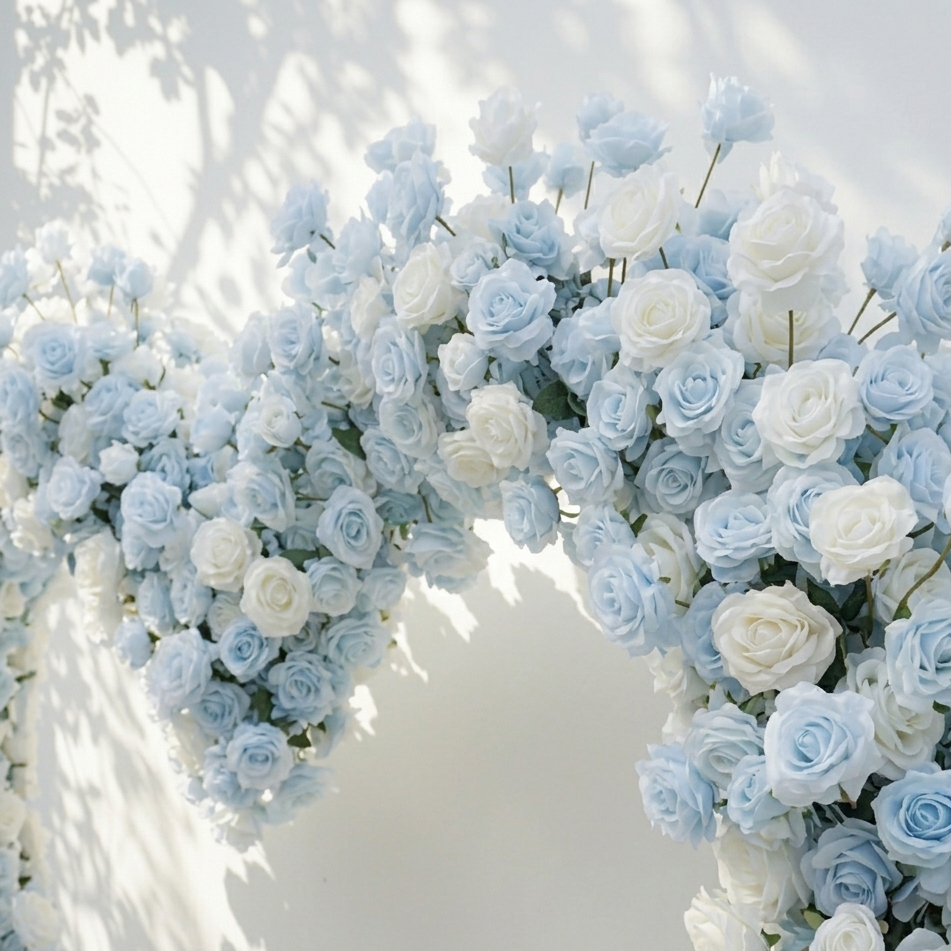 Elaris: Heart-Shaped Baby Blue and White Silk Rose Floral Arch Arrangement for Coastal Weddings & Parties | Wedding Floral Decor
