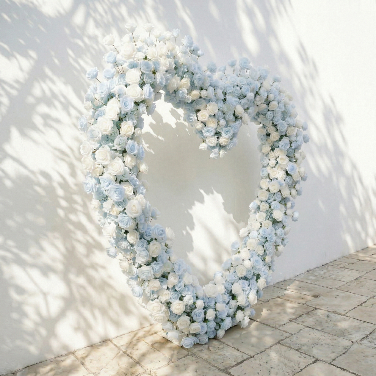 Elaris: Heart-Shaped Baby Blue and White Silk Rose Floral Arch Arrangement for Coastal Weddings & Parties | Wedding Floral Decor