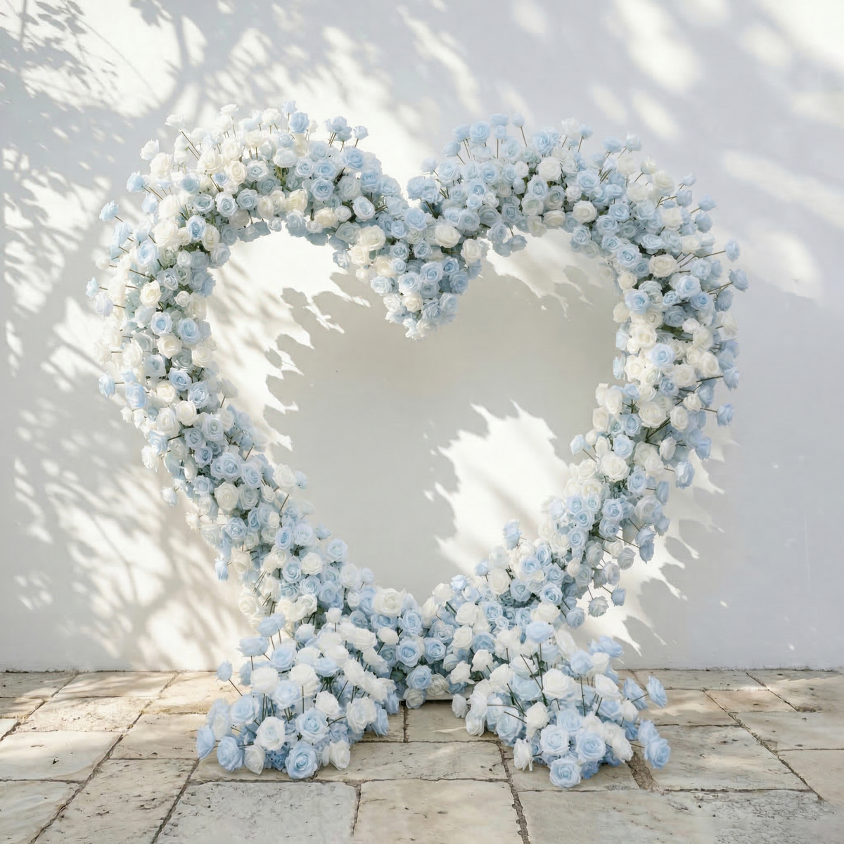 Elaris: Heart-Shaped Baby Blue and White Silk Rose Floral Arch Arrangement for Coastal Weddings & Parties | Wedding Floral Decor