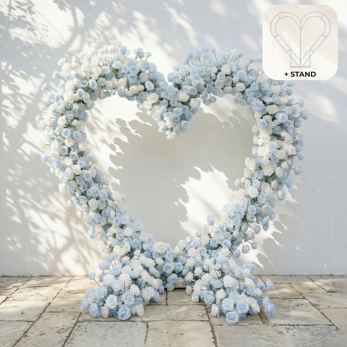 Elaris: Heart-Shaped Baby Blue and White Silk Rose Floral Arch Arrangement for Coastal Weddings & Parties | Wedding Floral Decor