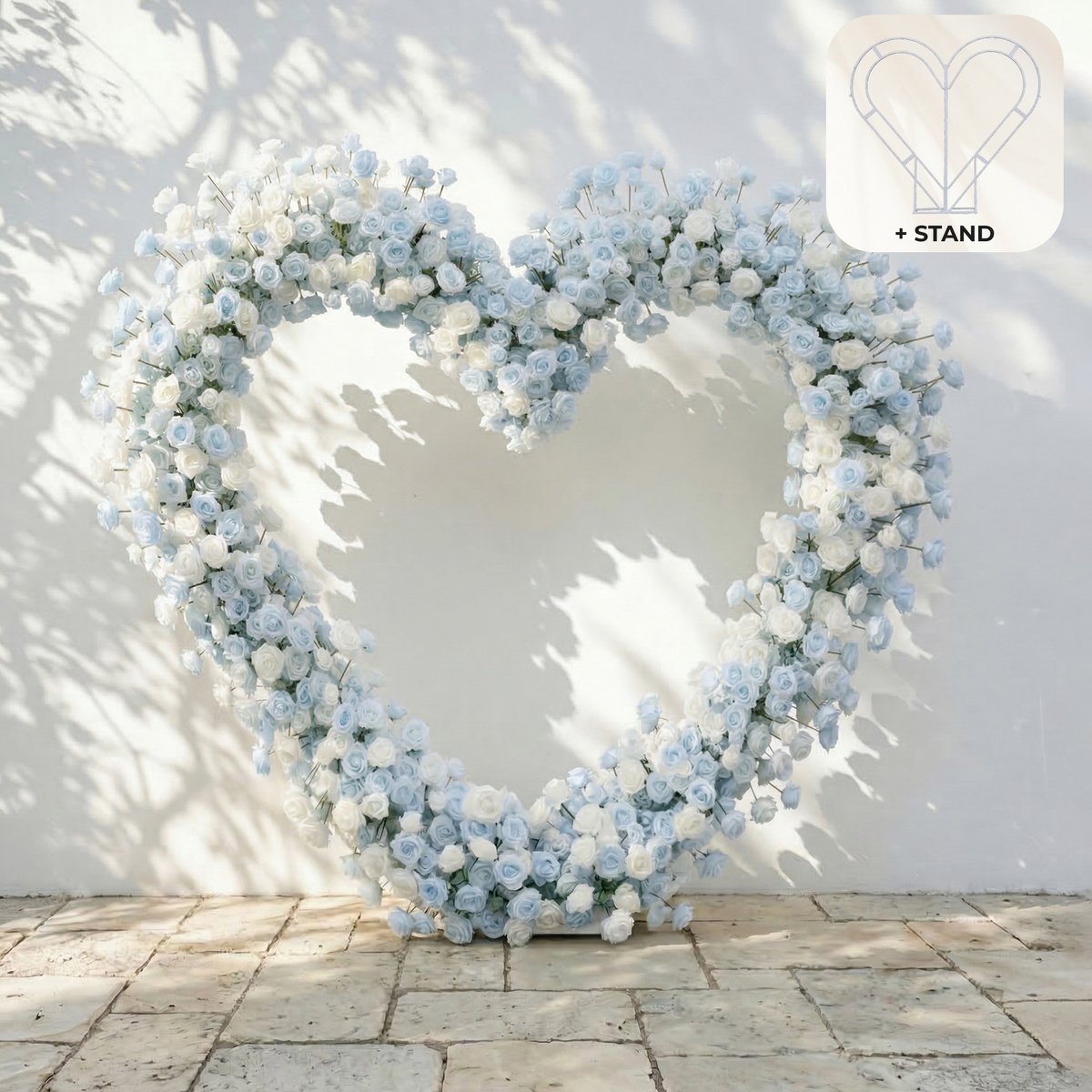Elaris: Heart-Shaped Baby Blue and White Silk Rose Floral Arch Arrangement for Coastal Weddings & Parties | Wedding Floral Decor