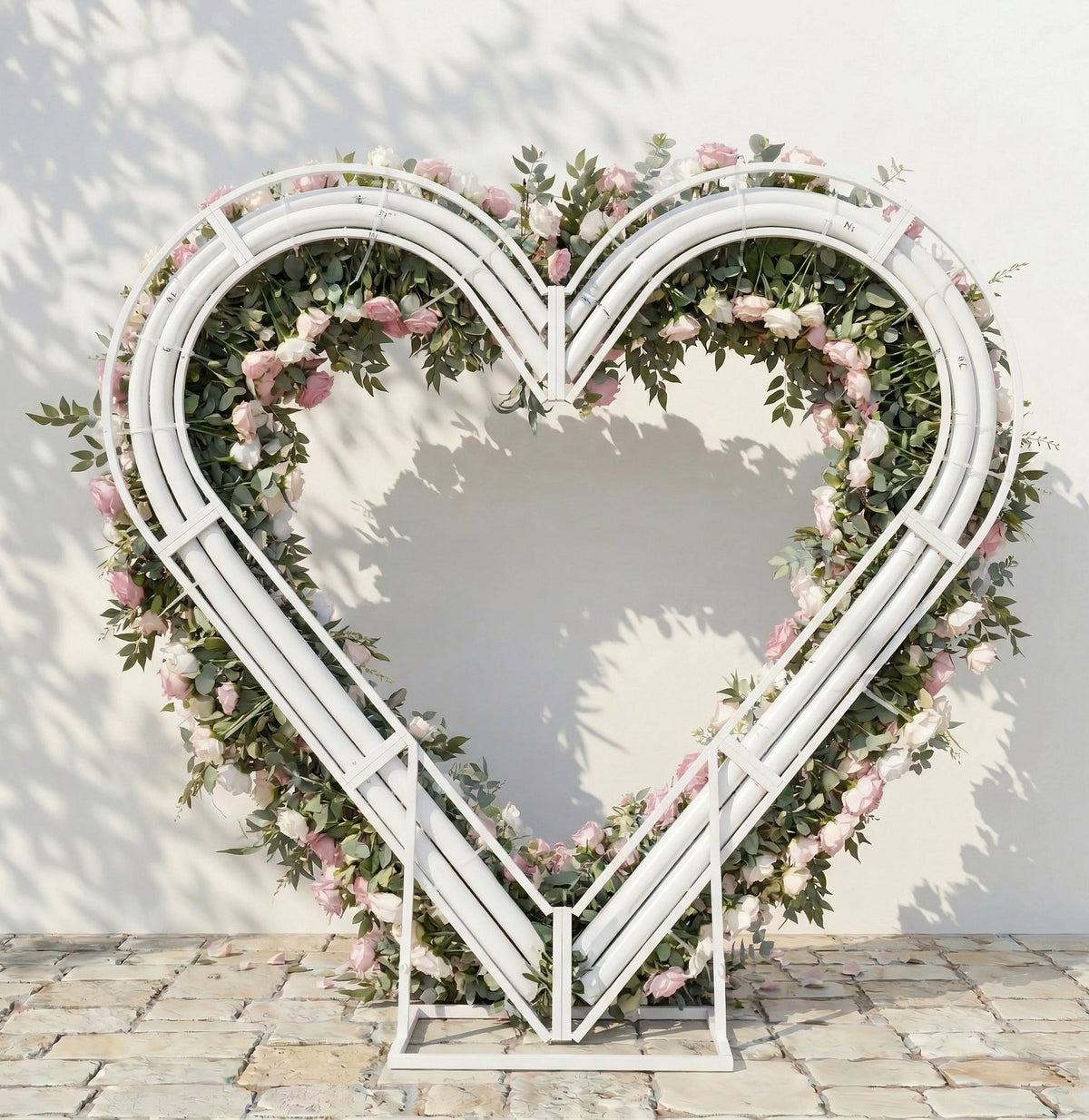 Elowira: Sweet Pink Flower Heart Arch with Lush Greenery for Proposal and Bridal Shower Decor | Wedding Floral Decor