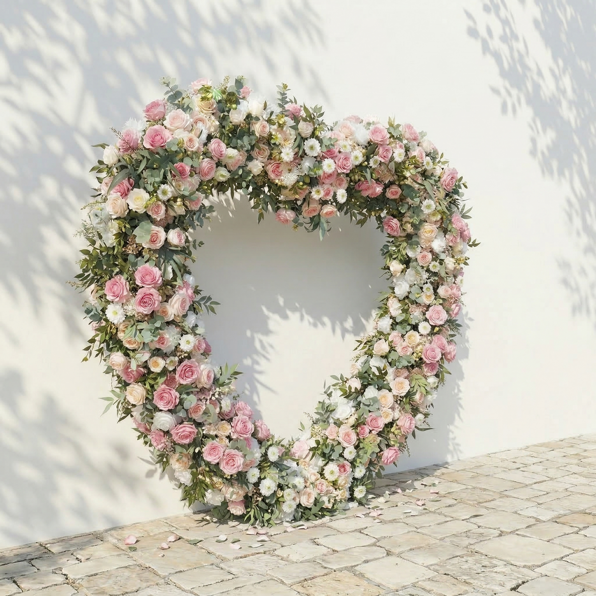 Elowira: Sweet Pink Flower Heart Arch with Lush Greenery for Proposal and Bridal Shower Decor | Wedding Floral Decor