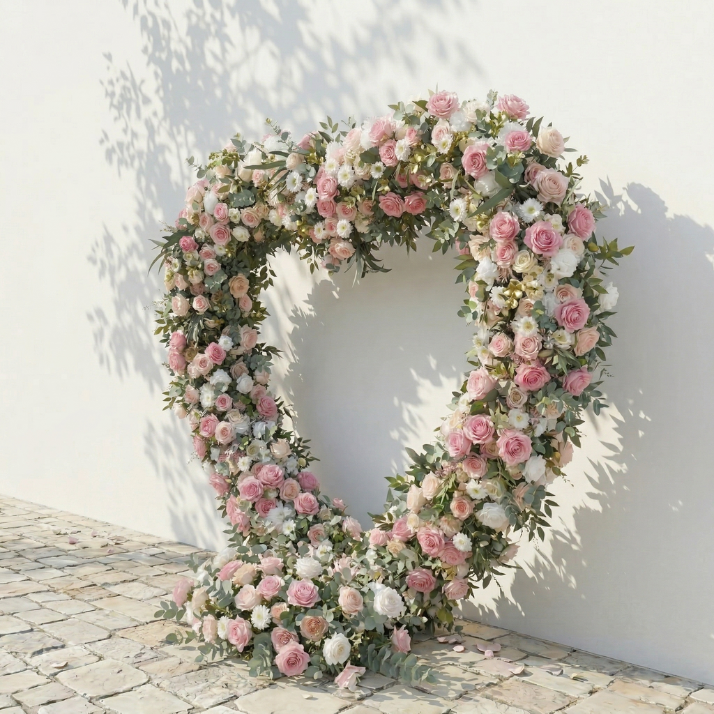 Elowira: Sweet Pink Flower Heart Arch with Lush Greenery for Proposal and Bridal Shower Decor | Wedding Floral Decor