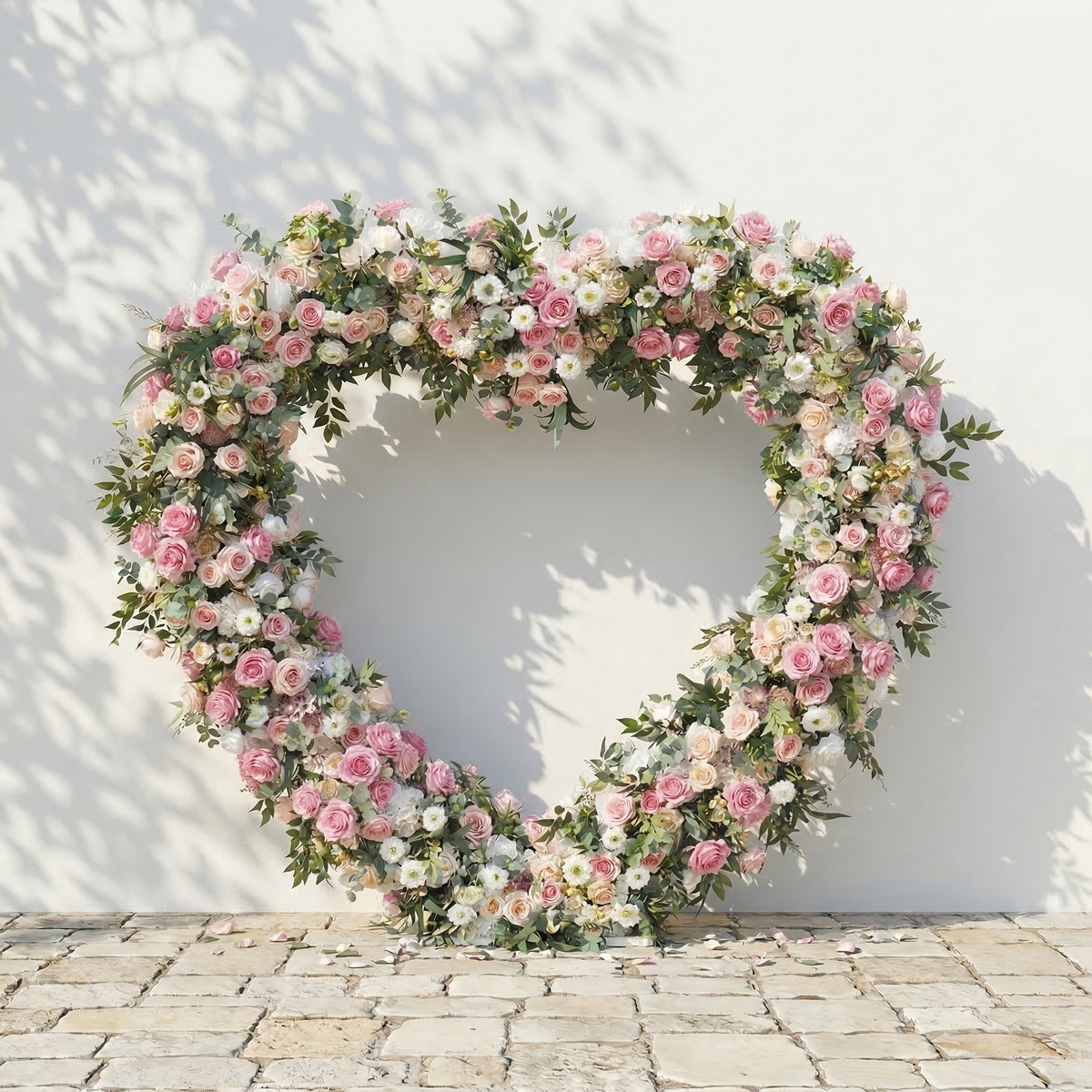 Elowira: Sweet Pink Flower Heart Arch with Lush Greenery for Proposal and Bridal Shower Decor | Wedding Floral Decor