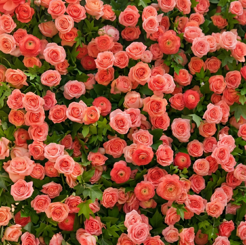 Elvenlena:Premium 5D Bright Coral Floral Wall with Greenery Roll-Up Backdrop for Cheerful Outdoor Garden Events Free Shipping