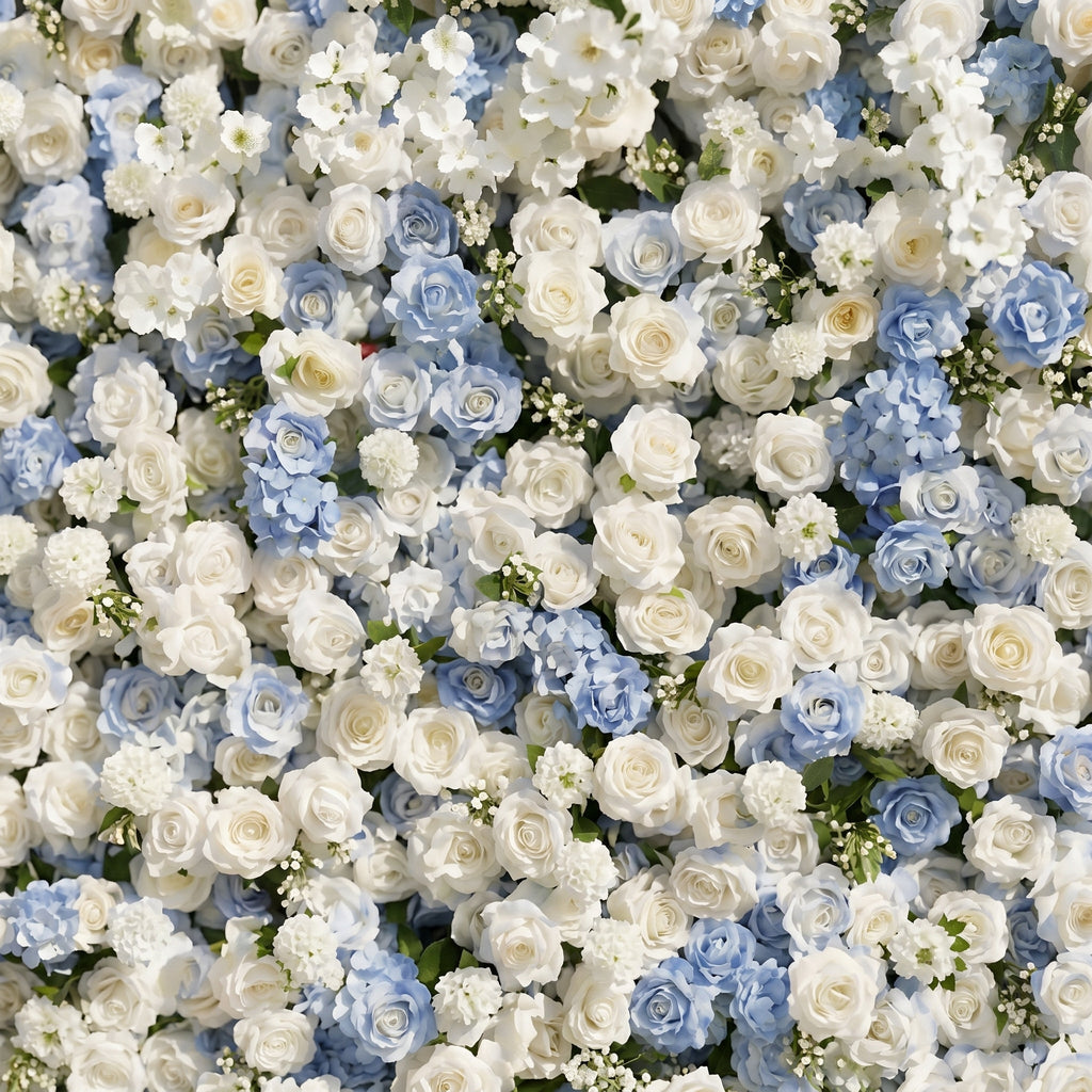 Embermira: Luxury 4D Ice White & Sky Blue Silk Floral Wall Backdrop for Destination Weddings Free Shipping
