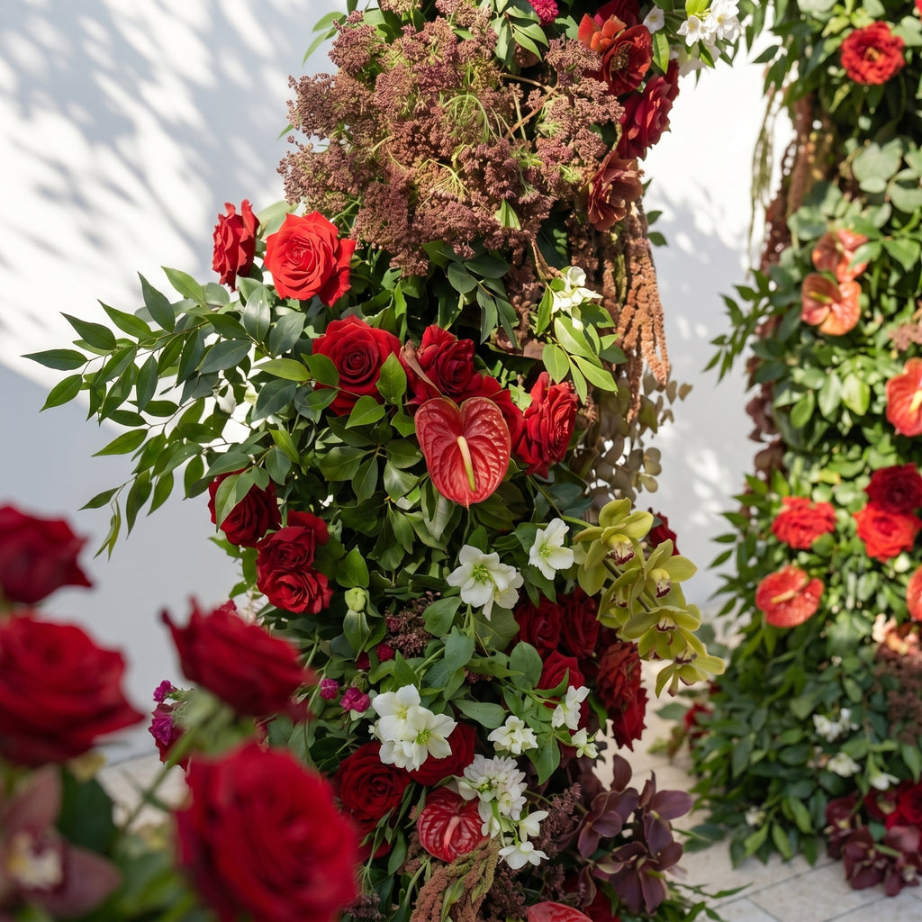 Fiorelle Horn Arch: Luxury Red Roses with natural Greenery Floral Arch for Garden Weddings and Events Decor Incuding Frame | Event Floral Decor